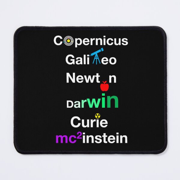 Aperçu de l'œuvre Scientifiques emblématiques, minimalistes et intellos : Copernic, Galilée, Newton, Darwin, Curie, Einstein (texte blanc) créée et vendue par MathWare MathClips.