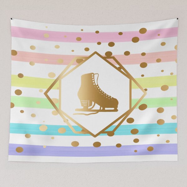 Item preview, Gold Figure Skate on Pastel Rainbow and White Stripes with Gold Dots designed and sold by PD-Skating.