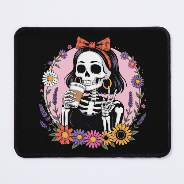 Item preview, Skeleton Girl with Coffee & Wildflowers | Cute Floral Gothic Aesthetic designed and sold by ColorSplash123.