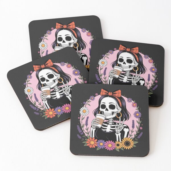 Item preview, Skeleton Girl with Coffee & Wildflowers | Cute Floral Gothic Aesthetic designed and sold by ColorSplash123.
