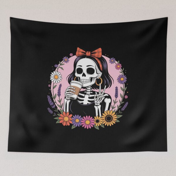 Item preview, Skeleton Girl with Coffee & Wildflowers | Cute Floral Gothic Aesthetic designed and sold by ColorSplash123.
