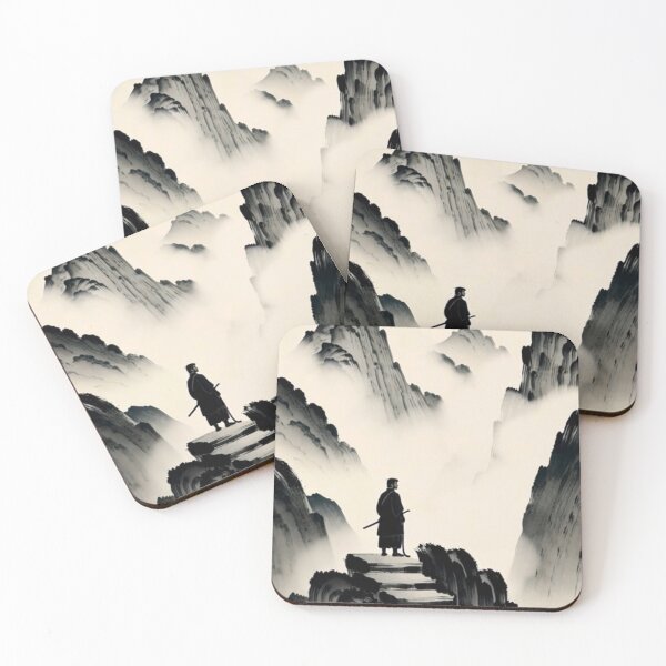 Item preview, Lone Ronin Samurai on Misty Mountain Path - Sumi-e Ink Art designed and sold by FUJISUNTOKYO.