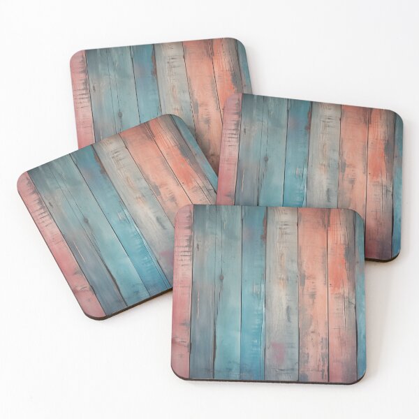 Item preview, Rustic vertical wooden fence panels in distressed blue, teal, and peachy-orange with peeling paint texture designed and sold by Epsydon Designers.