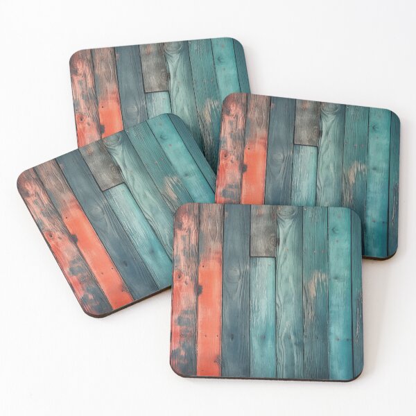 Item preview, Rustic vertical wooden fence panels in distressed blue, teal, and peachy-orange with peeling paint texture designed and sold by Epsydon Designers.