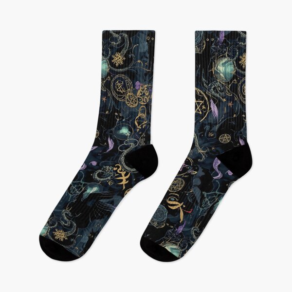 Item preview, Chaotic Occult Symbols and Black Cat Seamless Pattern in Dark Gold and Purple designed and sold by MoonlitDoodles1.