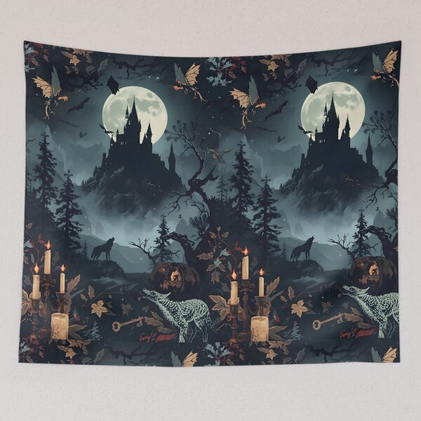 Item preview, Atmospheric Full Moon Castle Silhouette with Howling Wolf and Dark Forest designed and sold by MoonlitDoodles1.