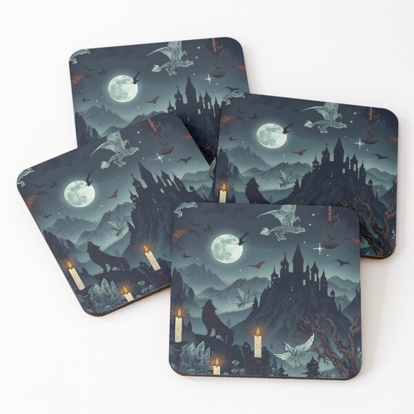 Item preview, Midnight Castle Landscape with Howling Wolf, Full Moon, and Skeletal Dragons designed and sold by MoonlitDoodles1.