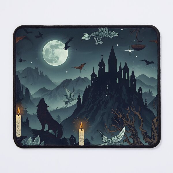 Item preview, Midnight Castle Landscape with Howling Wolf, Full Moon, and Skeletal Dragons designed and sold by MoonlitDoodles1.