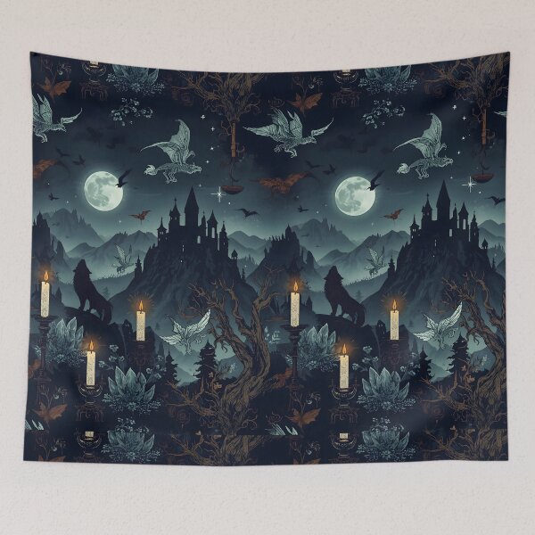 Item preview, Midnight Castle Landscape with Howling Wolf, Full Moon, and Skeletal Dragons designed and sold by MoonlitDoodles1.