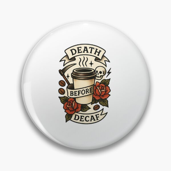 Item preview, ☕ Death Before Decaf Tattoo Sticker – Coffee Lover Flash Art Design with Skull, Roses & Scythe designed and sold by bigratfarm.