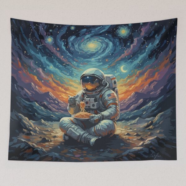 Item preview, Space man, astronaut eating spaghetti in impressionism,Van Gogh parody, famous painting, Starry Night Style Van Gogh painting impressionism designed and sold by Collagedream.
