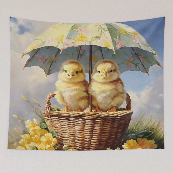 Item preview, Vintage Animal Art: Two Yellow Chicks in a Basket under Umbrella | Animal Art | Oil Painting | Vintage Art | Gift for Easter designed and sold by UnhingedBird.