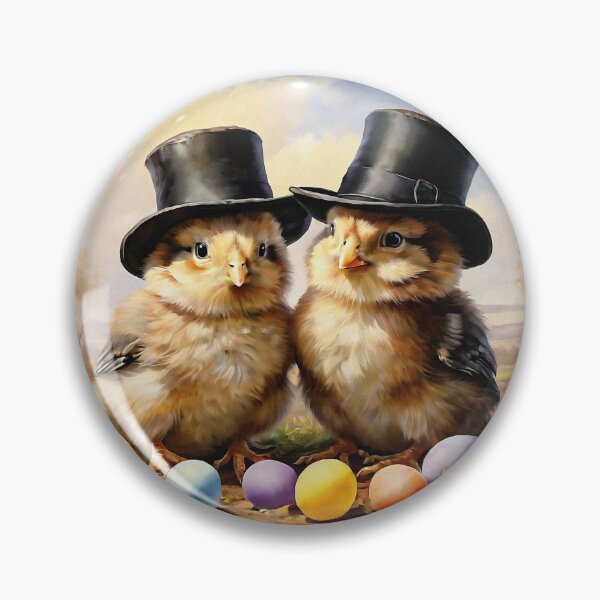 Item preview, Vintage Animal Art: Two Yellow Chicks with Black Top Hats Enjoying Spring | Animal Art | Oil Painting | Vintage Art | Gift for Easter designed and sold by UnhingedBird.