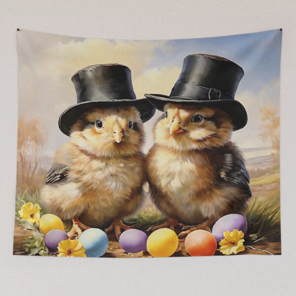 Item preview, Vintage Animal Art: Two Yellow Chicks with Black Top Hats Enjoying Spring | Animal Art | Oil Painting | Vintage Art | Gift for Easter designed and sold by UnhingedBird.
