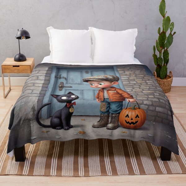 Item preview, Boy and Cat by the Blue Door – Autumn Evening Charm designed and sold by Whimsical Hug.