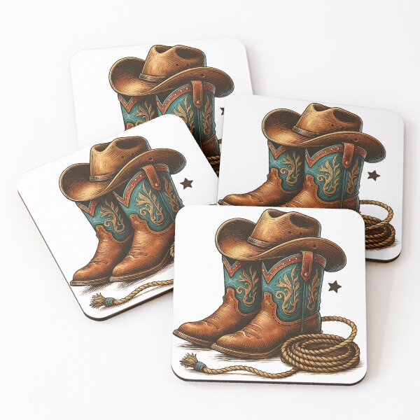 Artikelvorschau, Illustration von Western-Cowboystiefeln und -hut entworfen und verkauft von ArtfulWeave.