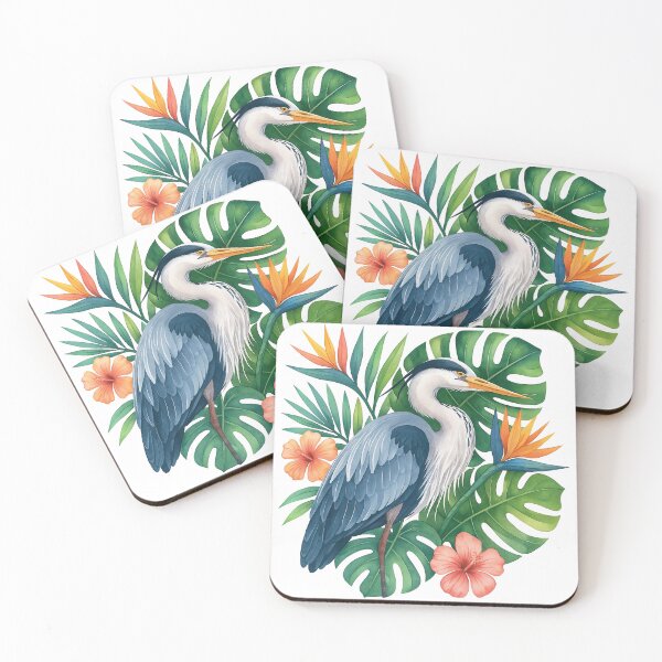 Item preview, Tropical Heron with Hibiscus and Monstera Leaves designed and sold by ArtfulWeave.