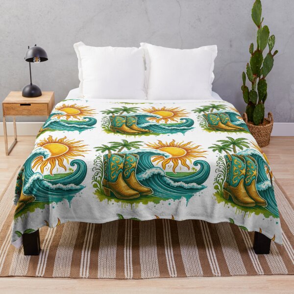 Item preview, Cowboy Boots on the Beach with Sun and Waves designed and sold by ArtfulWeave.