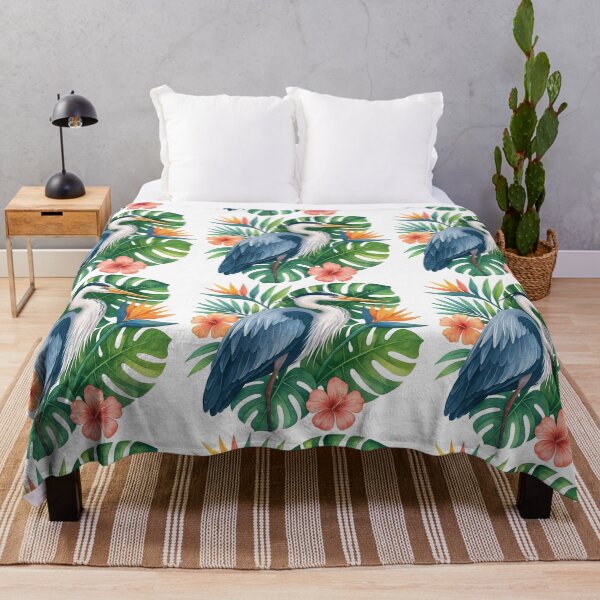 Item preview, Tropical Heron with Hibiscus and Monstera Leaves designed and sold by ArtfulWeave.