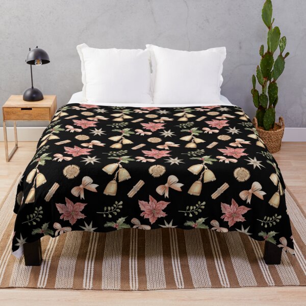 Item preview, Watercolor Christmas Bells and Poinsettias Throw Blanket | Elegant Holiday Decor designed and sold by FestivityFinds.