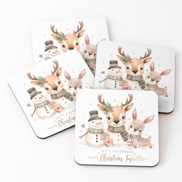 Item preview, colorful watercolor illustration features snowman rabbits deer winter designs Christmas new year celebrations greeting cards designed and sold by PWDigitalArt.