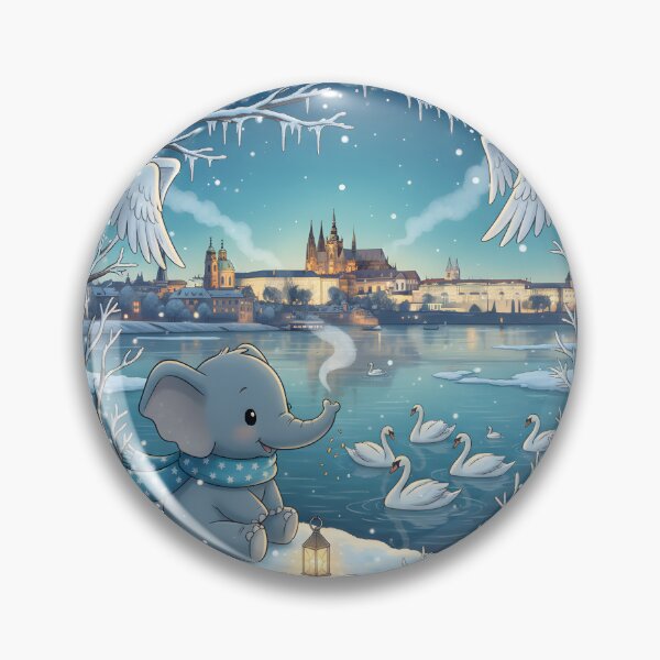 Item preview, Kawaii Christmas Elephant Vltava & Prague Castle – Blue Hour Winter designed and sold by FixwellStudio.