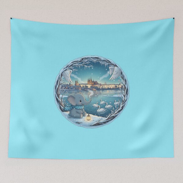 Item preview, Kawaii Christmas Elephant Vltava & Prague Castle – Blue Hour Winter designed and sold by FixwellStudio.