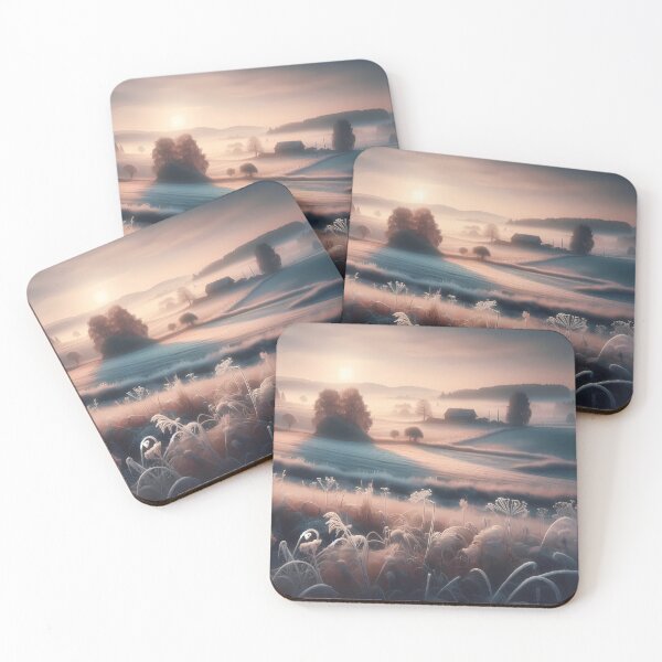 Item preview, Frosty Morning Countryside with Sunrise Over Flower Field – Peaceful Rural Landscape designed and sold by Cultradesign.