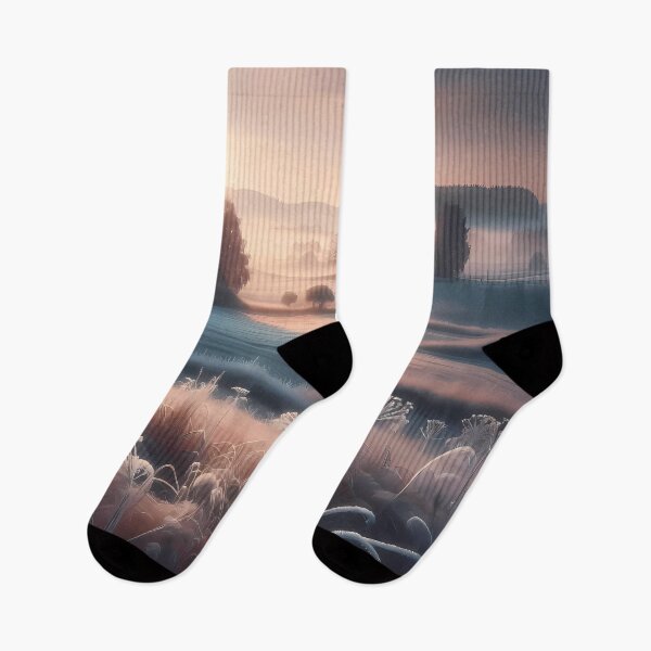 Item preview, Frosty Morning Countryside with Sunrise Over Flower Field – Peaceful Rural Landscape designed and sold by Cultradesign.