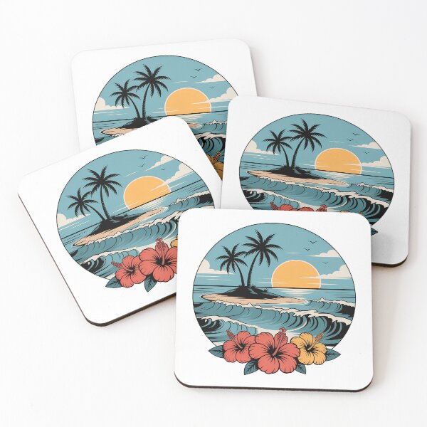 Item preview, Vintage Tropical Sunset – Retro Beach Scene with Palm Trees and Hibiscus Flowers designed and sold by VividOrganica.