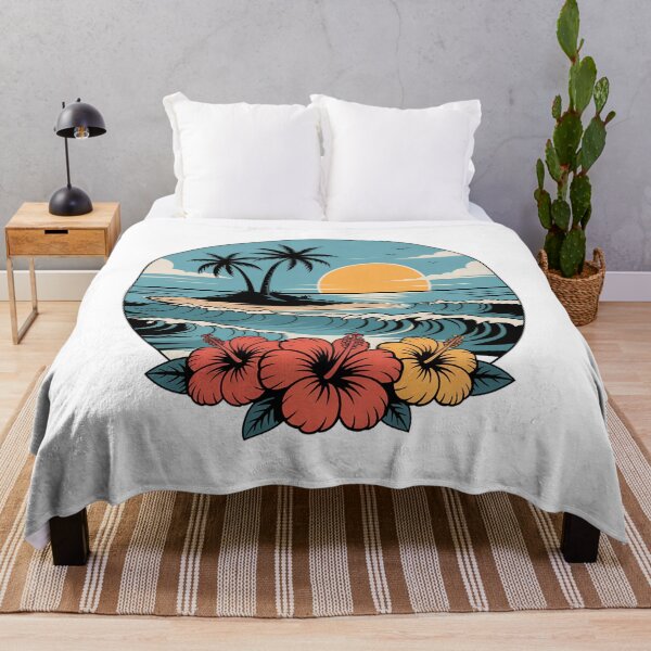 Item preview, Vintage Tropical Sunset – Retro Beach Scene with Palm Trees and Hibiscus Flowers designed and sold by VividOrganica.