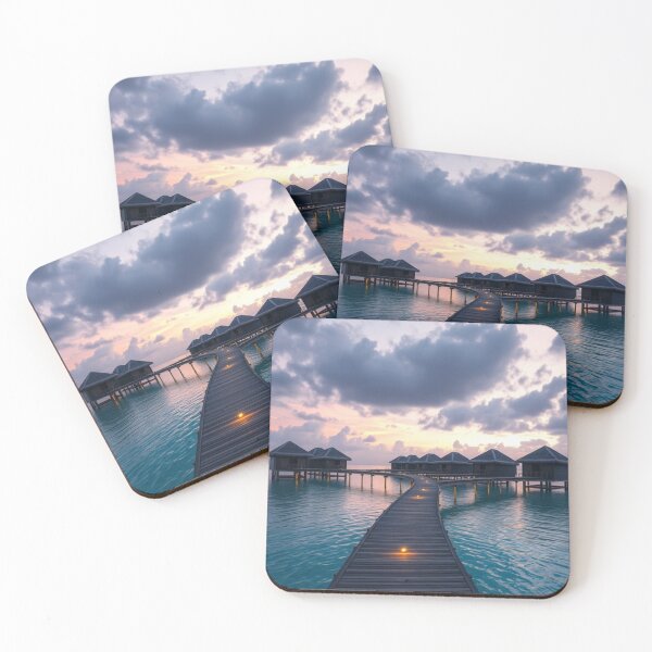 Item preview, Maldives Overwater Bungalows Sunset | Tropical Paradise Wooden Pier View designed and sold by Jade Ado.
