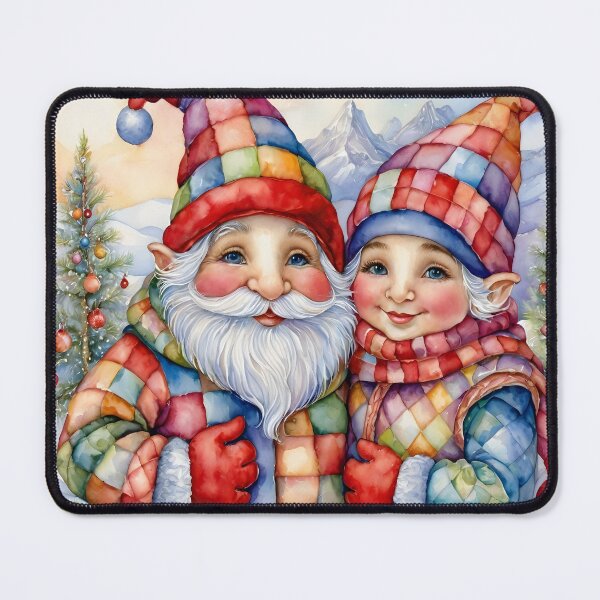Item preview, Cheerful elf couple watercolor - Colorful gnomes in the snow patchwork gnomes - Cute Christmas illustration Scandinavian in colorful checks designed and sold by Connys Colorful World.