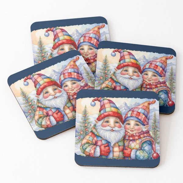 Item preview, Cheerful elf couple watercolor - Colorful gnomes in the snow patchwork gnomes - Cute Christmas illustration Scandinavian in colorful checks designed and sold by Connys Colorful World.