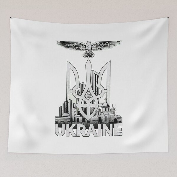 Item preview, Ukraine Tryzub Emblem with Cityscape, Church, and Tech Eagle designed and sold by RGShirtWorks.