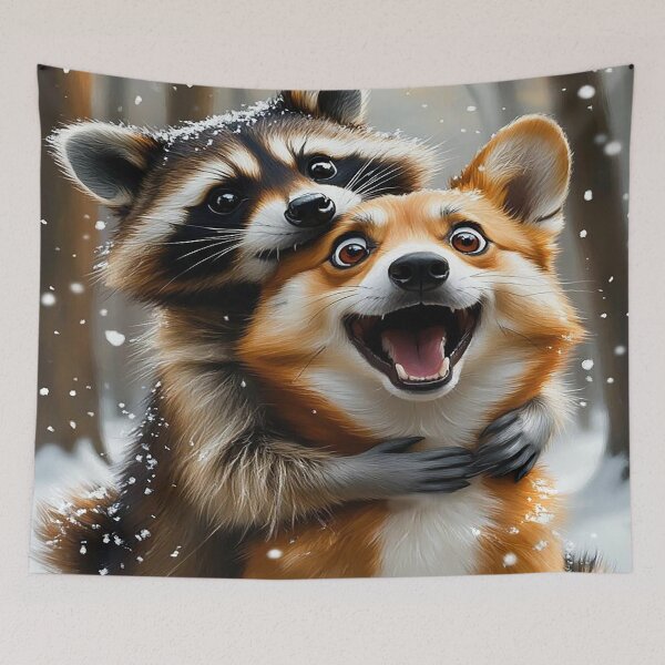 Item preview, Winter Hug – Raccoon and Corgi Friendship designed and sold by AmetistLight.