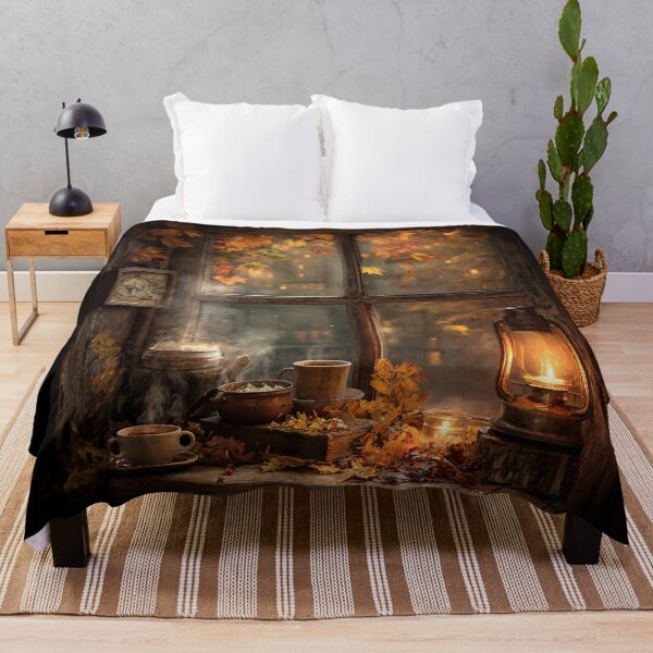 Item preview, Cozy Cabin Autumn Scene - A cozy autumn window with steam, lantern and tea designed and sold by Meiersbeste.