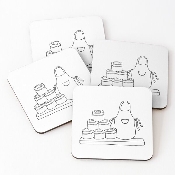 Item preview, A stack tins and cans lying beside a folded apron on a counter designed and sold by rasagamastore.