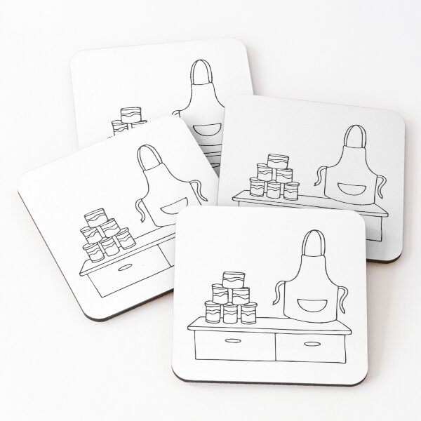 Item preview, A stack tins and cans lying beside a folded apron on a counter designed and sold by rasagamastore.
