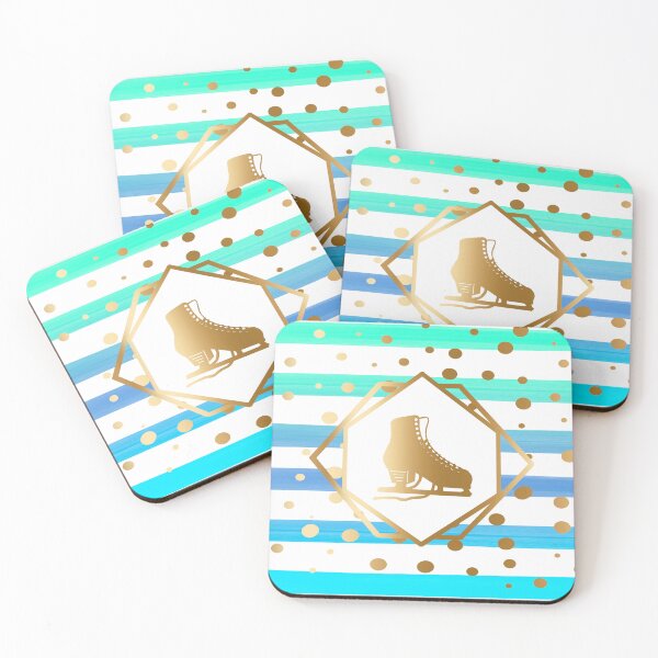 Item preview, Gold Figure Skate on Pastel Blues and Turqouise Stripes with Gold Dots designed and sold by PD-Skating.