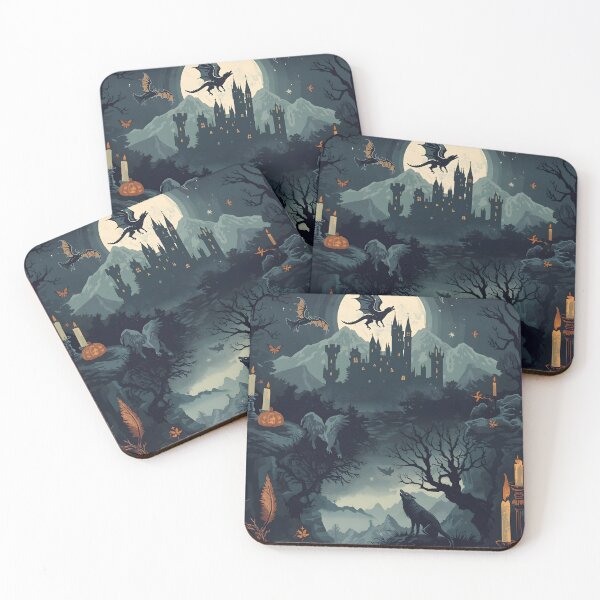 Item preview, Gothic Castle Under Full Moon with Dragon Silhouette and Werewolf designed and sold by MoonlitDoodles1.