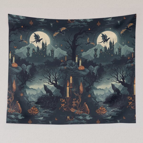 Item preview, Gothic Castle Under Full Moon with Dragon Silhouette and Werewolf designed and sold by MoonlitDoodles1.