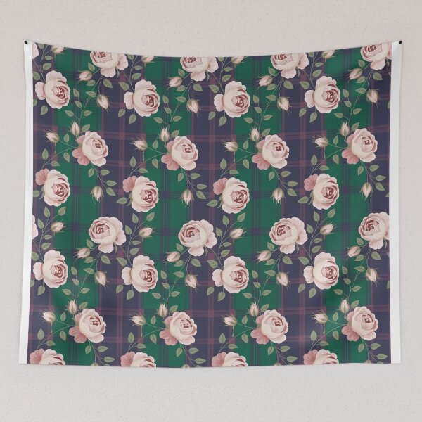 Item preview, Vintage Roses on Tartan Plaid Pattern - Green Navy Pink Floral Design designed and sold by Random Candy Studio.