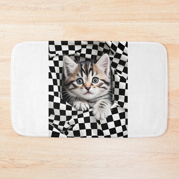 Item preview, A cute kitten peeks between a checkered background. designed and sold by Designfs.