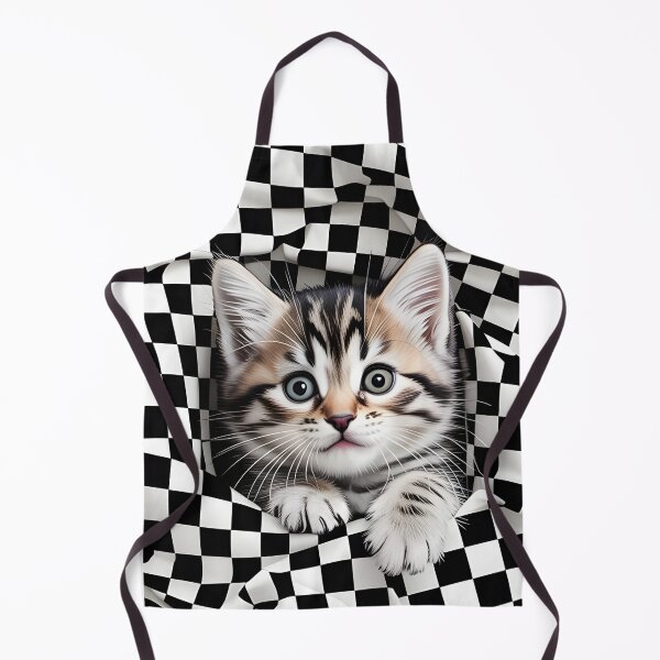 Item preview, A cute kitten peeks between a checkered background. designed and sold by Designfs.