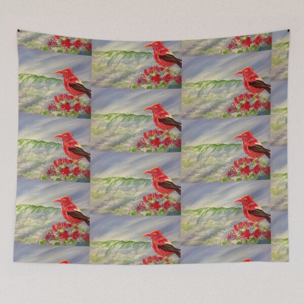 Item preview, Hawaiian ʻIʻiwi Bird – Native Red Honeycreeper with Flowers designed and sold by TrisaThyme.