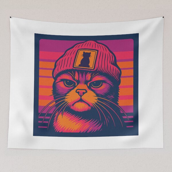 Item preview, Grumpy Synthwave Cat in Beanie designed and sold by threeABinks.