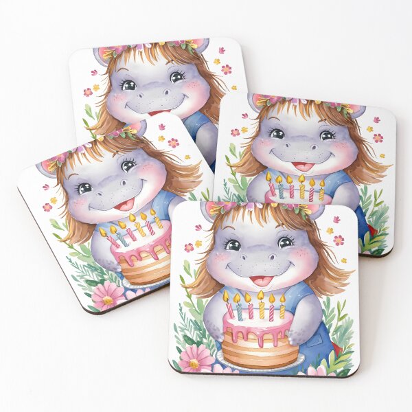 Item preview, Watercolor Hippo Birthday – Floral Hippo Girl with Cake and Candles designed and sold by EmeraldeaArt.