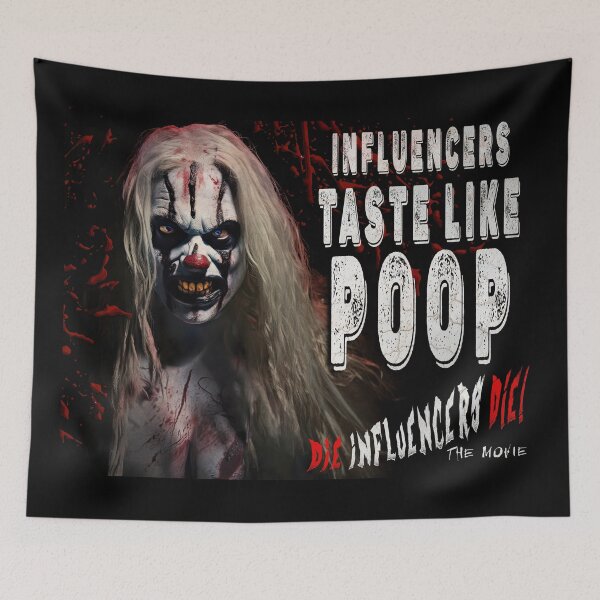 Item preview, Horror Clown T‑Shirt – “Influencers Taste Like Poop” Scary Clown Graphic Tee, Dark Humor Halloween Shirt designed and sold by Psychoactive Circus Merch.