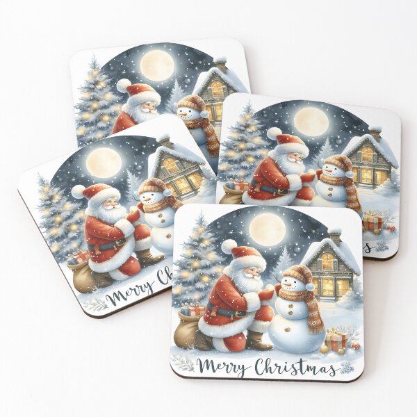Item preview, Santa Claus building a cheerful snowman wearing a scarf and hat beneath a soft glowing moon. designed and sold by Beautiful Christmas Images.